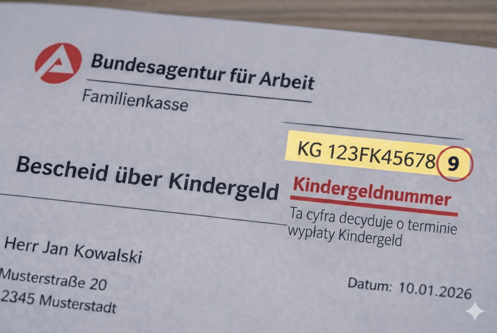 Kindergeldnummer na decyzji z Familienkasse – zaznaczona ostatnia cyfra decydująca o terminie wypłaty